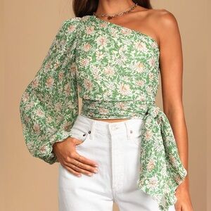 Lulus “Grow Toward Love Green Floral Print Pleated One-Shoulder Top”